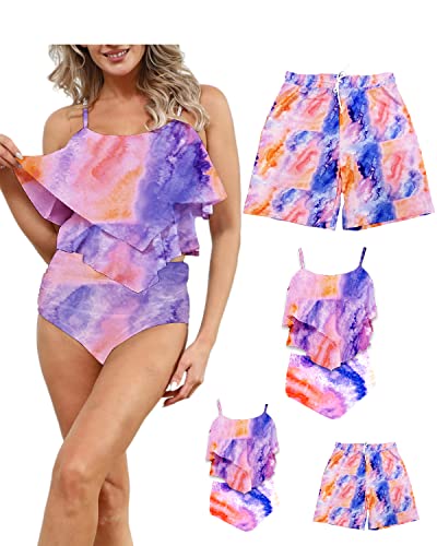 Stylish Matching Family Swimsuits - Ruffle & Palm Print Bikini Top with High Waisted Bottom Tankini Set for Women | Perfect for Beach Vacations, Pool Parties & Summer Getaways