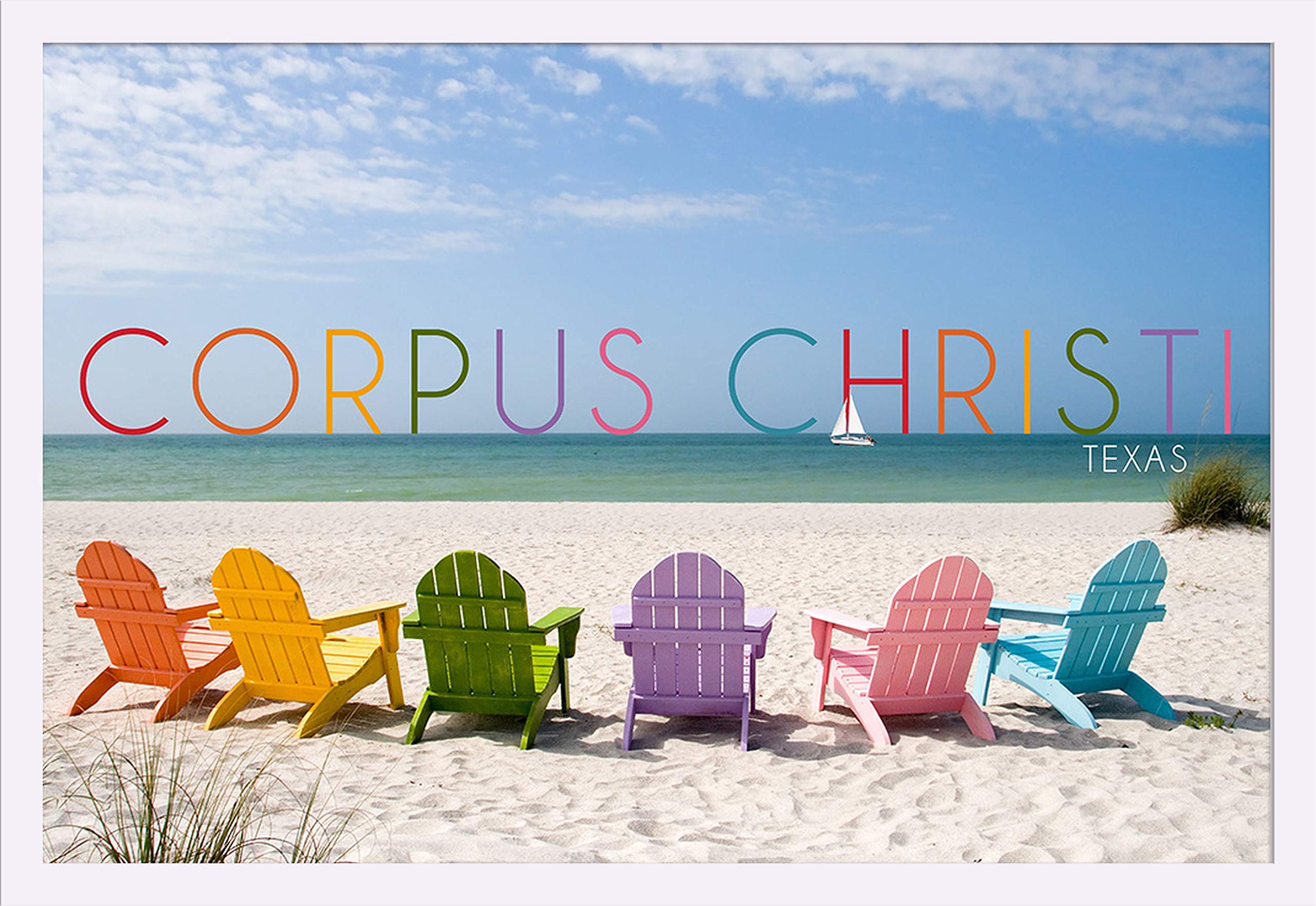 Corpus Christi Texas Beach Chairs Art Print - 36x24 Giclee Gallery Framed in White Wood - Coastal Wall Decor for Living Room, Bedroom & Office