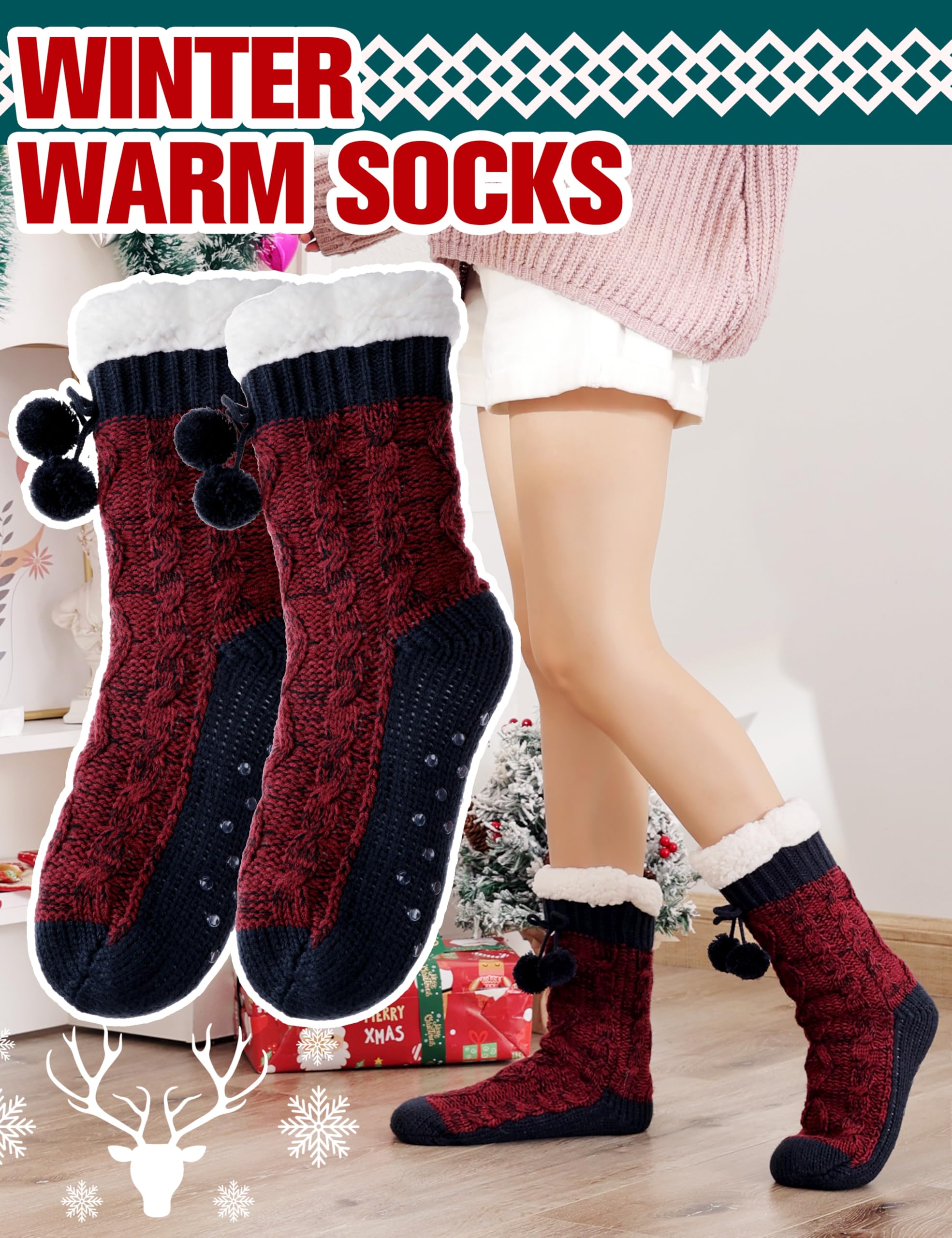 Women's Fuzzy Non-Slip Winter Slipper Socks - Warm Fleece for Home & Cabin