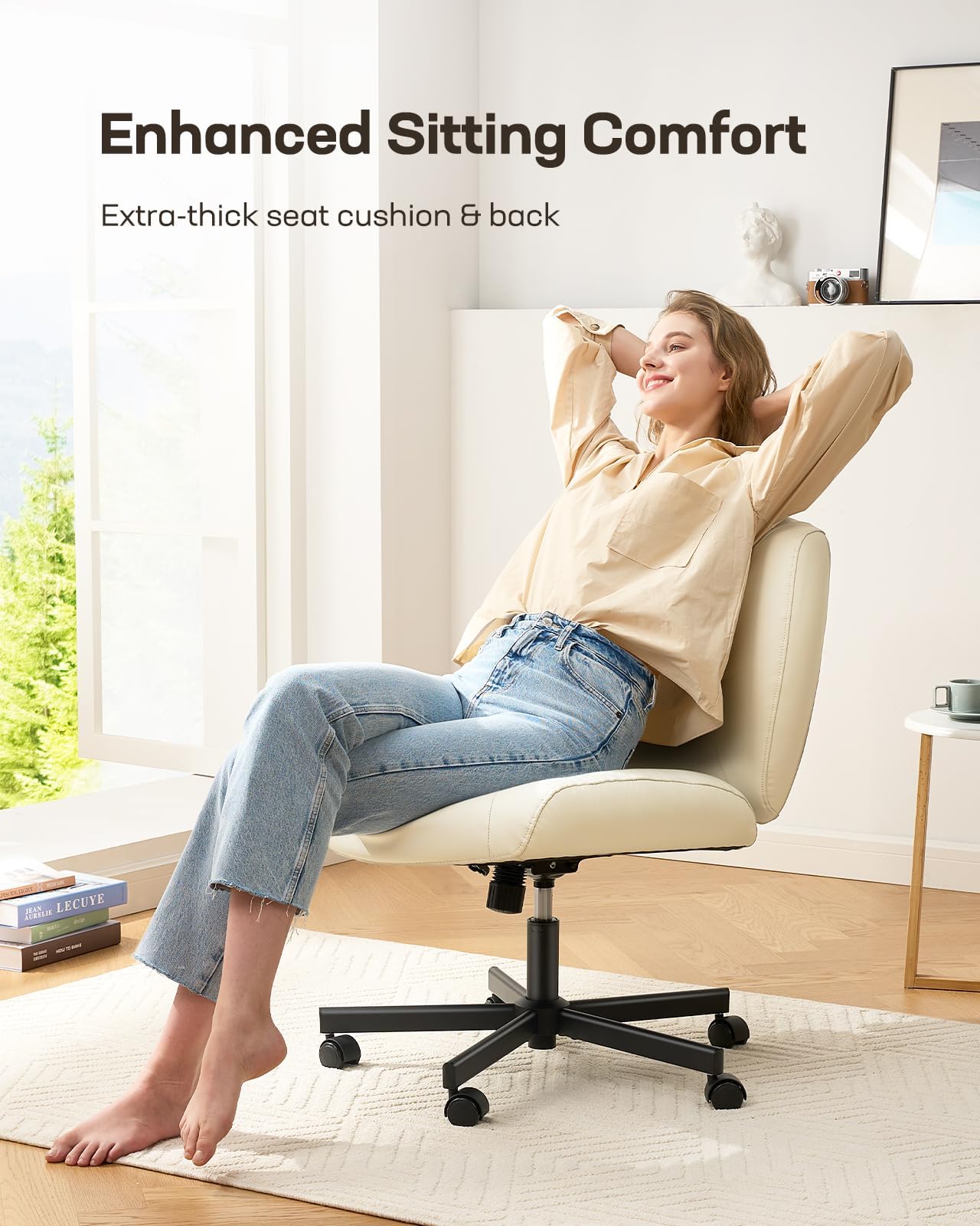 Marsail Criss Cross Chair with Wheels - Wide Mid-Back Armless Office Chair, Scratch-Resistant PVC Leather Cross Legged Desk Chair, Height Adjustable Computer Chair for Home Office - Perfect for Work, Study, and Relaxation