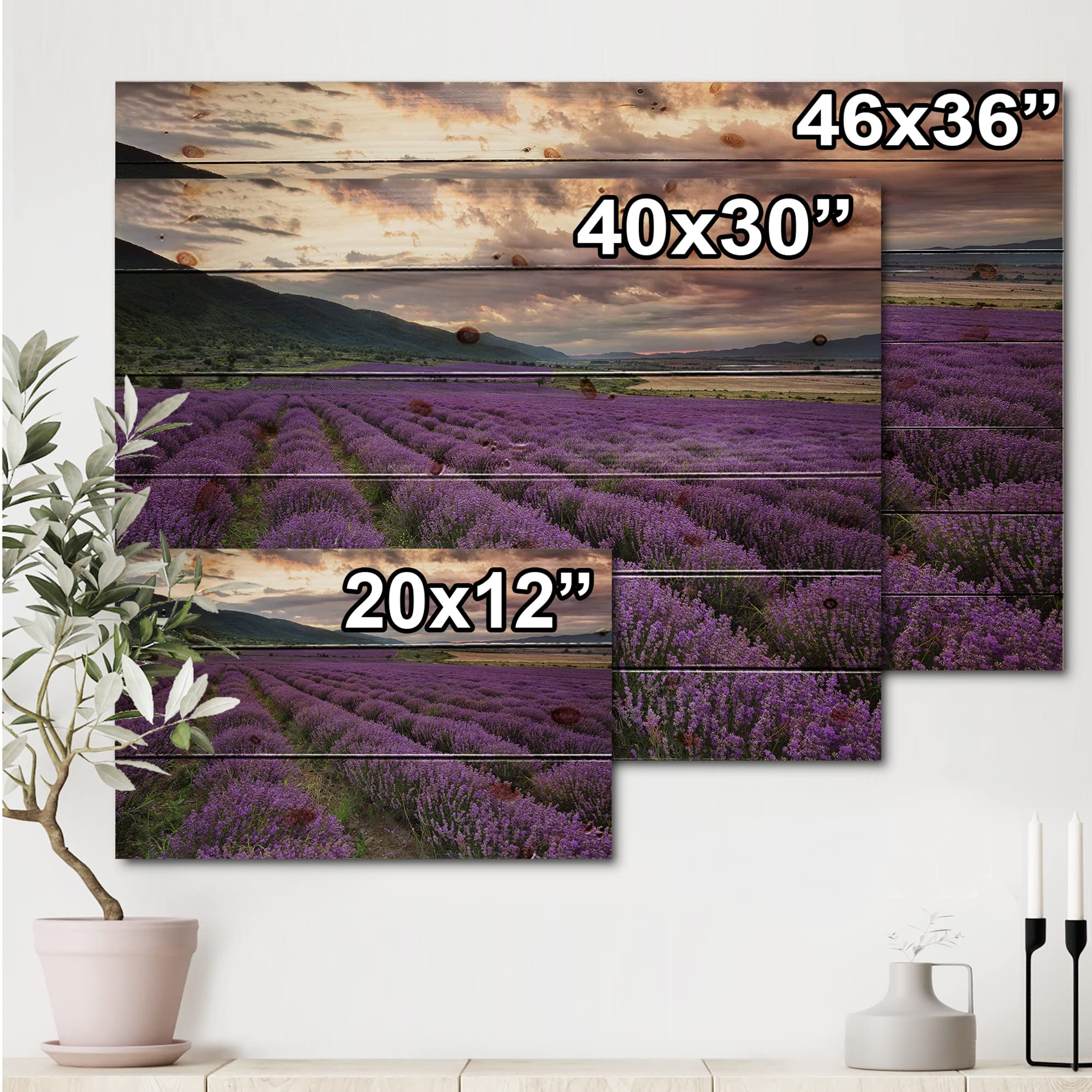 DesignQ Lavender Field at Dawn Farmhouse Wood Wall Art - Large Purple Landscape Wall Decor Printed on Natural Pine Wood - Perfect for Living Room, Bedroom & Office Decor