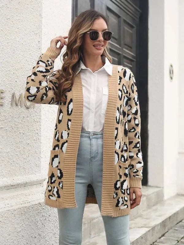Leopard Jacquard Cardigan Sweater for Women - Soft Knit Open Front Long Sleeve Wrap Cover Up - Perfect for Fall, Winter & Cozy Home Wear