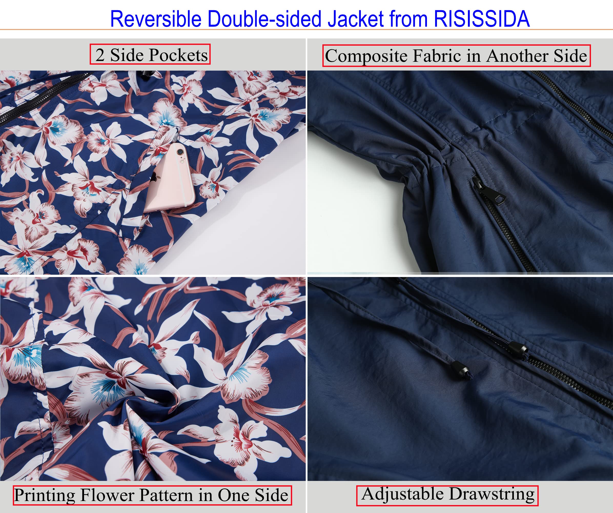 RISISSIDA Women's Reversible Floral Print Jacket - Lightweight Waterproof Hooded Coat for Spring & Fall | Casual Fashion Outerwear for Daily Wear, Travel & Outdoor Activities