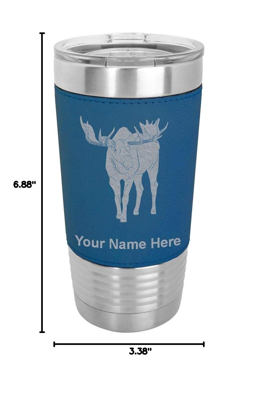 LaserGram 20oz Vacuum Insulated Stainless Steel Tumbler Mug with Personalized Engraving - Leakproof Travel Coffee Cup for Office, Camping & Outdoor Activities (Faux Leather Handle, Moose Design, Blue)
