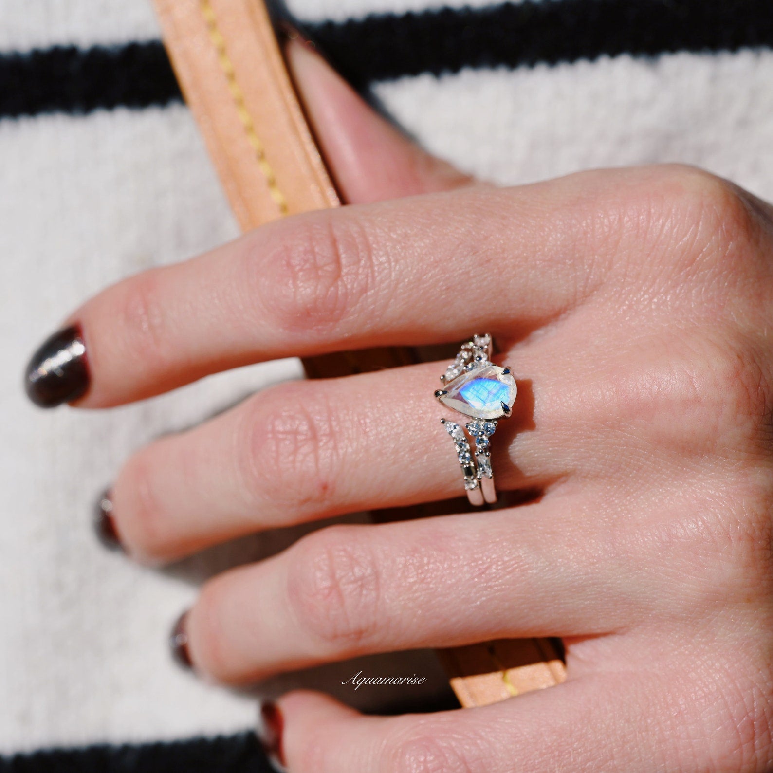 Natural Moonstone Teardrop Ring Set - Sterling Silver Jewelry for Women, Elegant Boho Style for Everyday Wear & Special Occasions