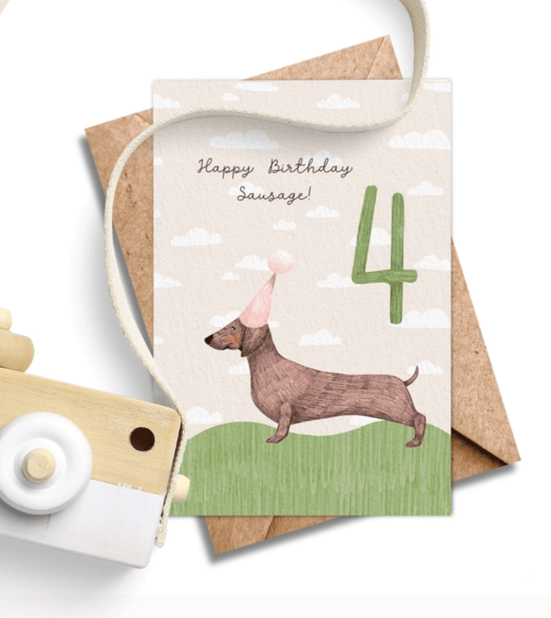 Adorable Sausage Dog Birthday Card for 4 Year Olds | Cute Dachshund Design by Ilana Ewing | Perfect for Kids' Birthday Parties & Animal Lovers