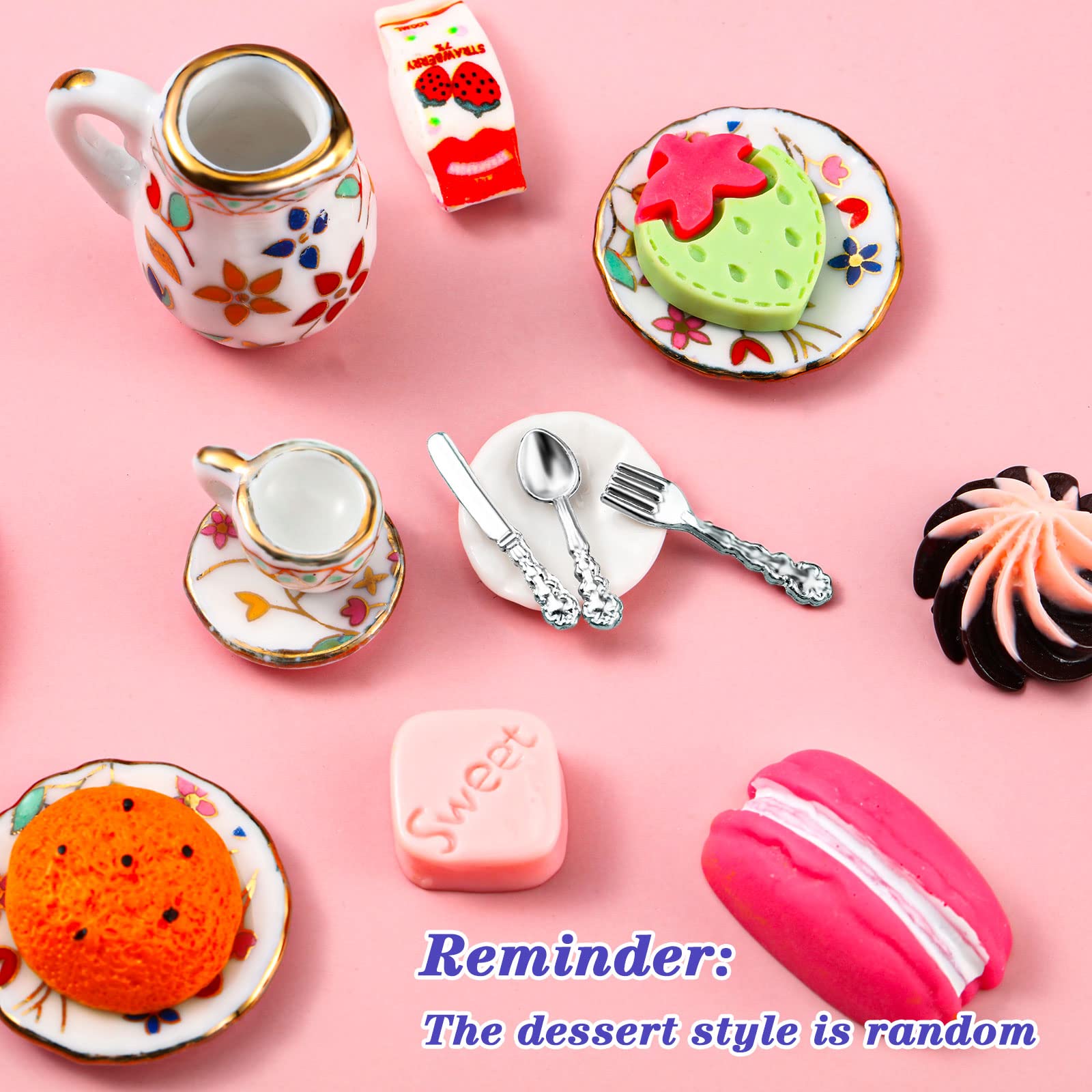 1:12 Scale Miniature Dollhouse Kitchen Accessories Set - 41 Pieces Including 15 Porcelain Tea Cups, 16 Mini Plates with Knives & Forks, 10 Decorative Dessert Cakes - Perfect for Dollhouse Decor, Tea Party Scenes, and Miniature Cooking Display (Chic Style)