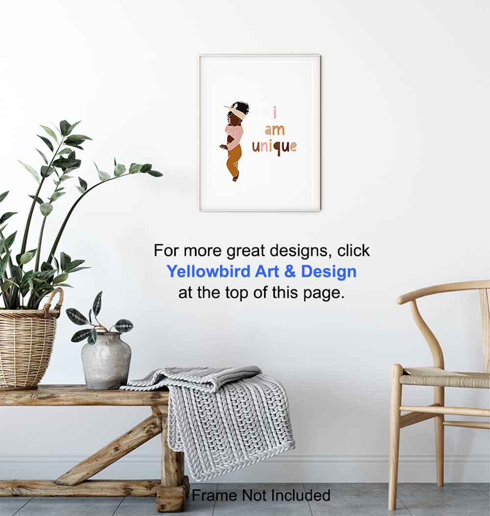 African American Girl Wall Art - Motivational Inspirational Quotes Poster for Black Culture - Positive Affirmations Decor - Cute Little Girls Bedroom Wall Decor - I Am Unique - Perfect for Nursery, Kids Room & Office Inspiration
