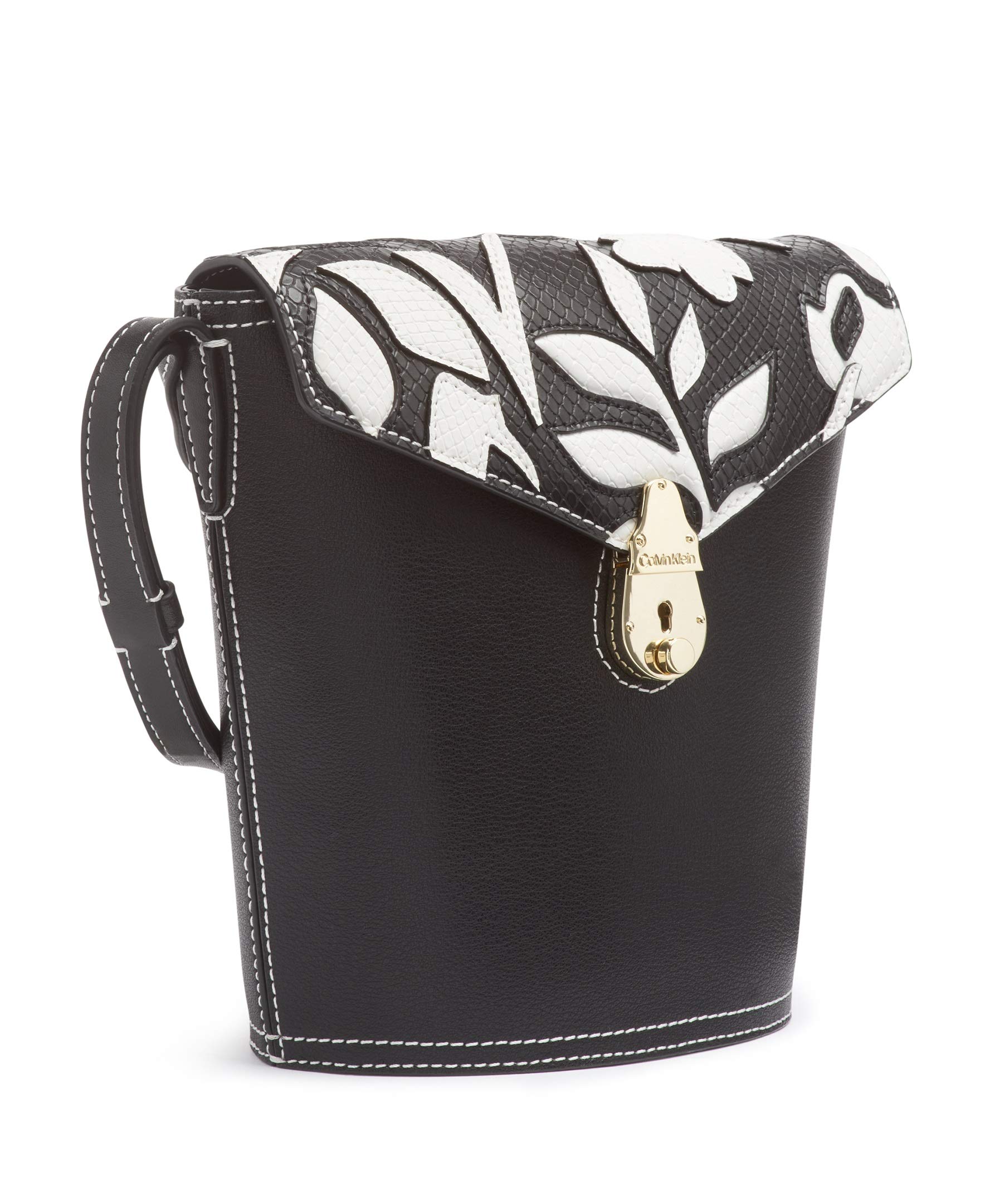 Calvin Klein Statement Series Lock Flap Daytona Leather Bucket Crossbody Bag for Women | Stylish Shoulder Purse for Work, Travel & Everyday Use