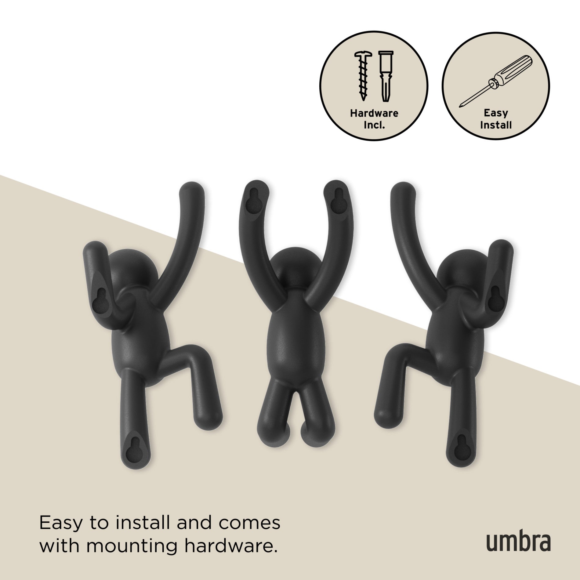 Buddy Wall Hooks Set of 3 - Heavy Duty Adhesive Hooks for Hanging Coats, Hats & Keys - Perfect for Home, Office & Dorm Organization