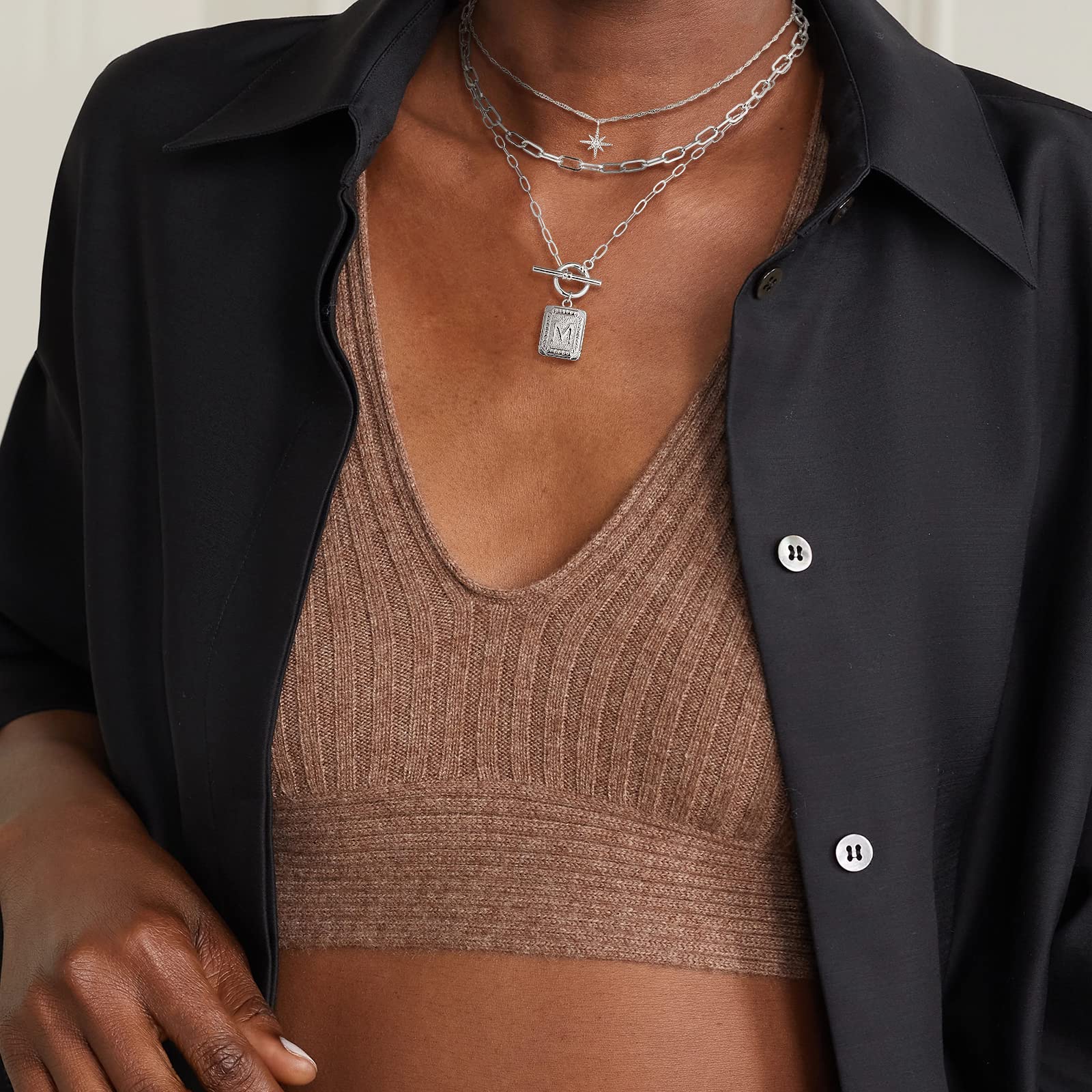 MJartoria 14K Gold Plated Layered Initial Necklace for Women - Trendy Star Choker with Square Letter Pendant & Paperclip Chain - Elegant Gold Necklace Jewelry Gift for Her - Perfect for Date Night, Anniversary or Birthday Present