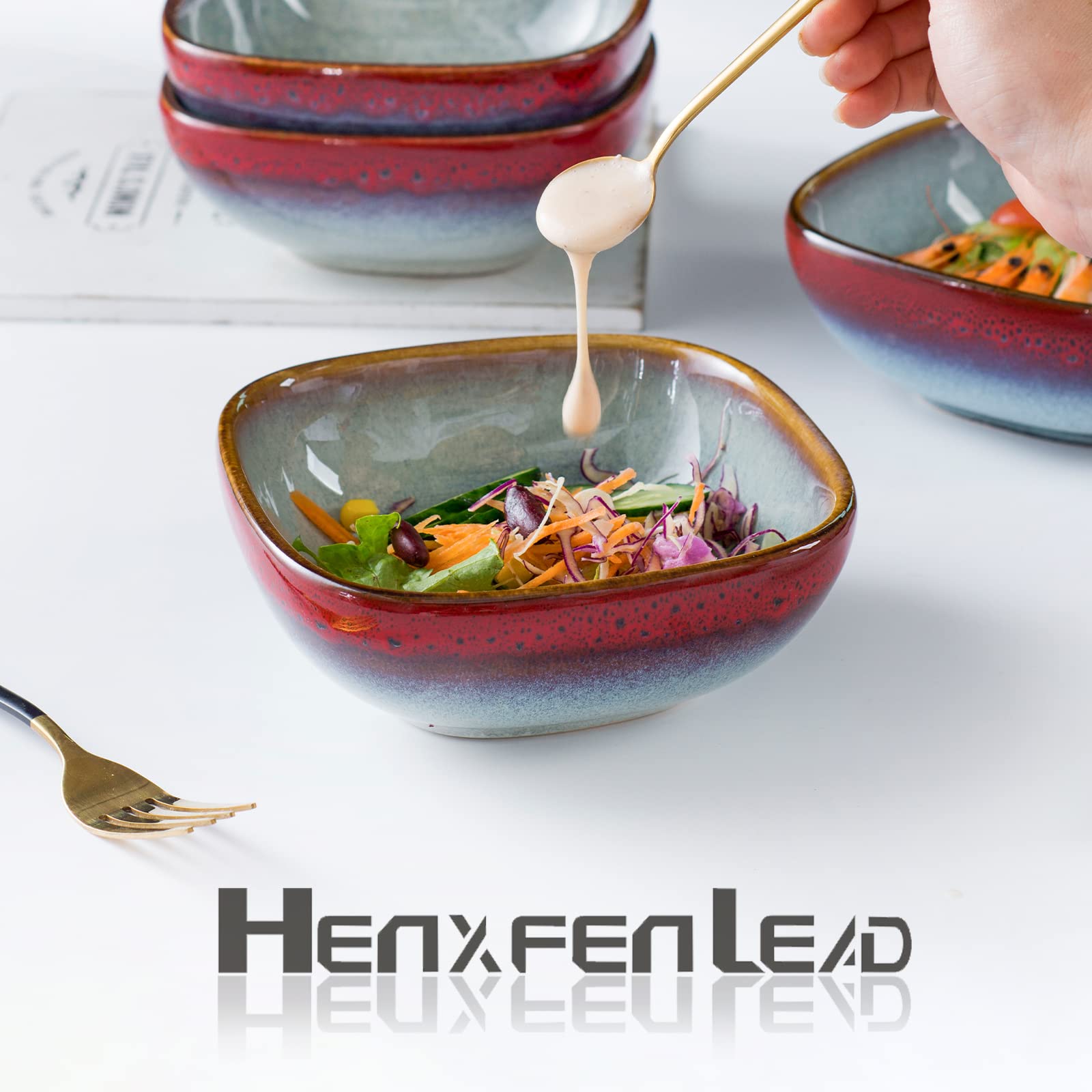 HENXFEN 22 Oz Square Ceramic Bowls Set of 4 - Microwave & Dishwasher Safe Serving Bowls for Cereal, Soup, Salad, Oatmeal, Fruit - Perfect for Breakfast, Dining, Entertaining - Reactive Red
