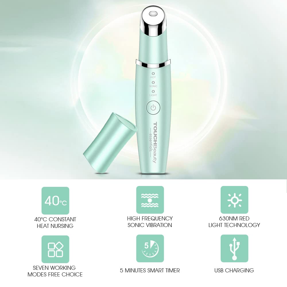 TOUCHBeauty Rechargeable Heated Eye Massager with 42℃ Warm Therapy - Ionic Facial Wand for Dark Circles, Puffiness & Anti-Aging Wrinkle Reduction - Perfect for Relaxation & Skincare Routine (Green)