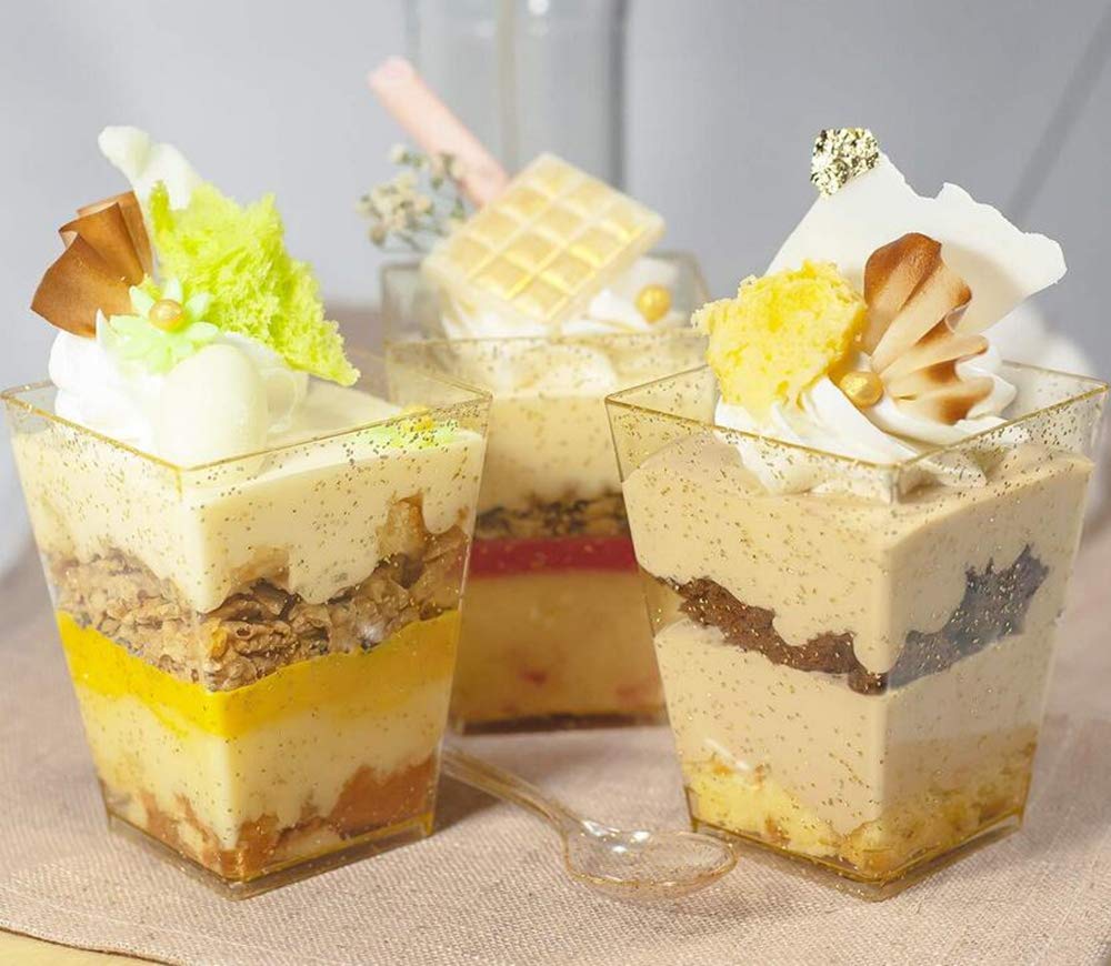 2 Ounce Hexagon Gold Glitter Disposable Plastic Dessert Cups - 50 Pack for Appetizers, Mousse, Cake, Pudding, Party & Restaurant Use - Perfect for Elegant Dessert Serving & Entertaining