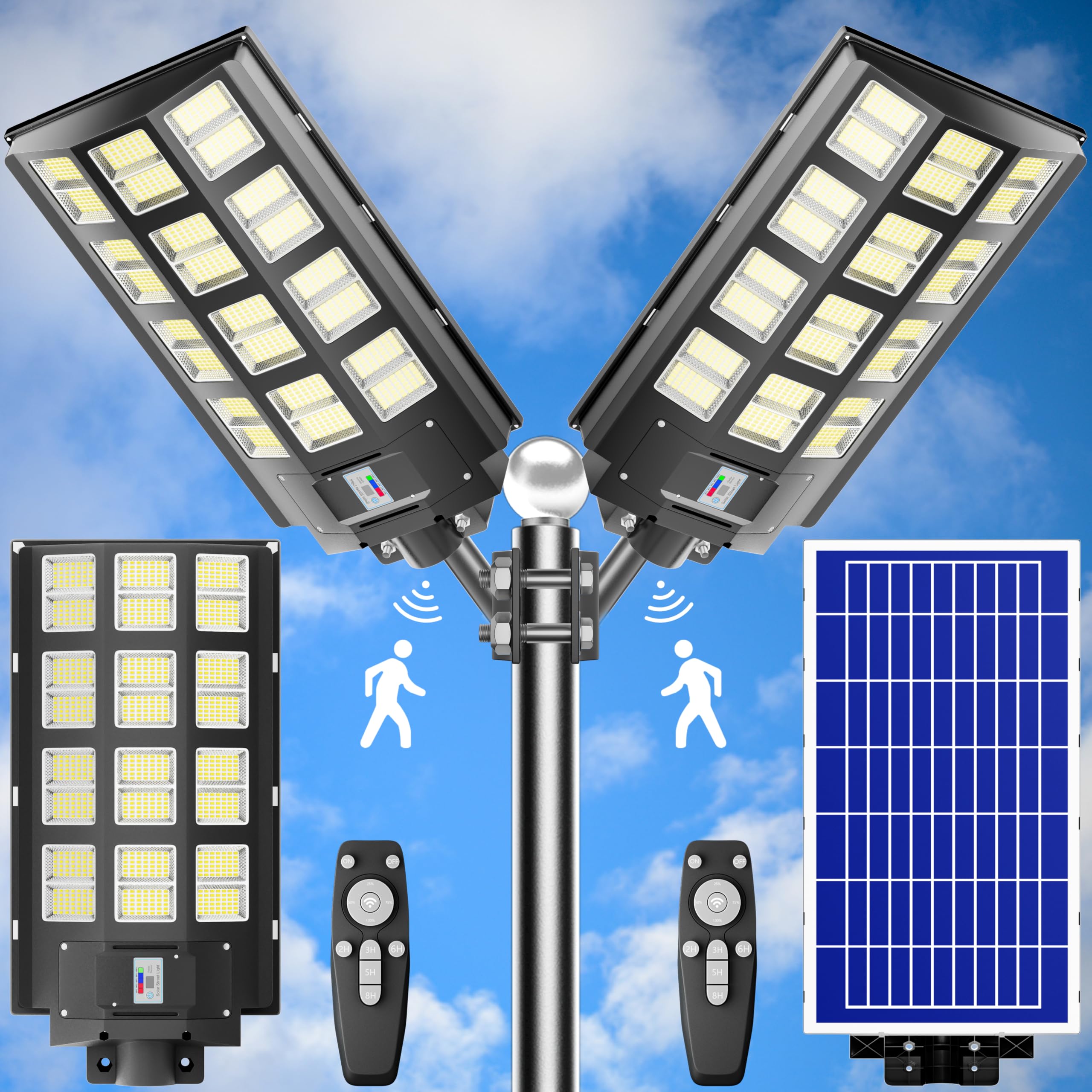 3200W Solar Street Lights Outdoor - 240,000 Lumens Waterproof IP66 with Remote Control & Motion Sensor - Dusk to Dawn Solar Flood Lights for Garden, Yard, Pathway, Parking Lot (2-Pack) - Perfect for Home Security & Energy-Efficient Outdoor Lighting
