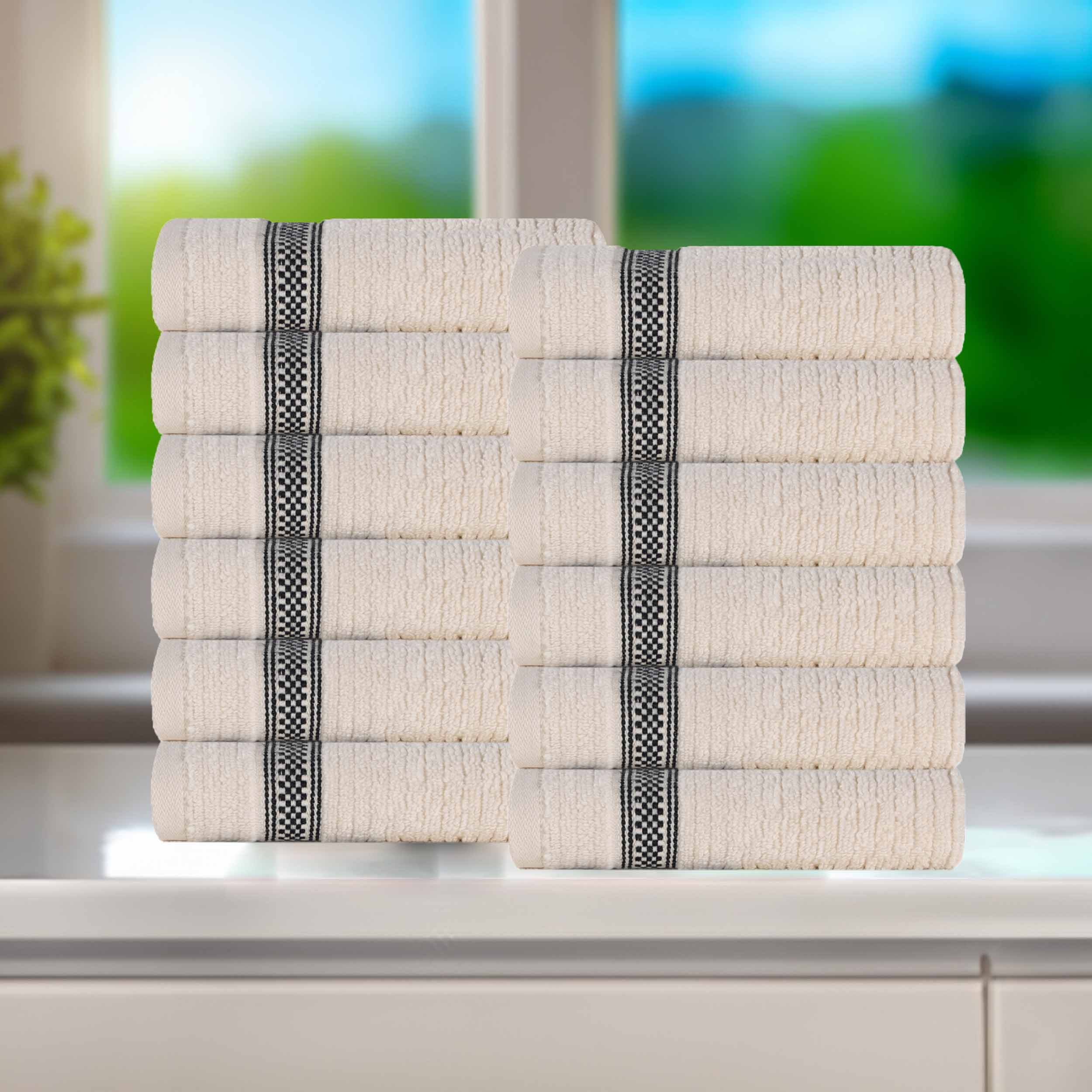12-Pack Zero Twist Cotton Ribbed Geometric Border Plush Face Towels | Ultra Soft Bath & Hand Towels for Spa, Gym, Travel & Home Use