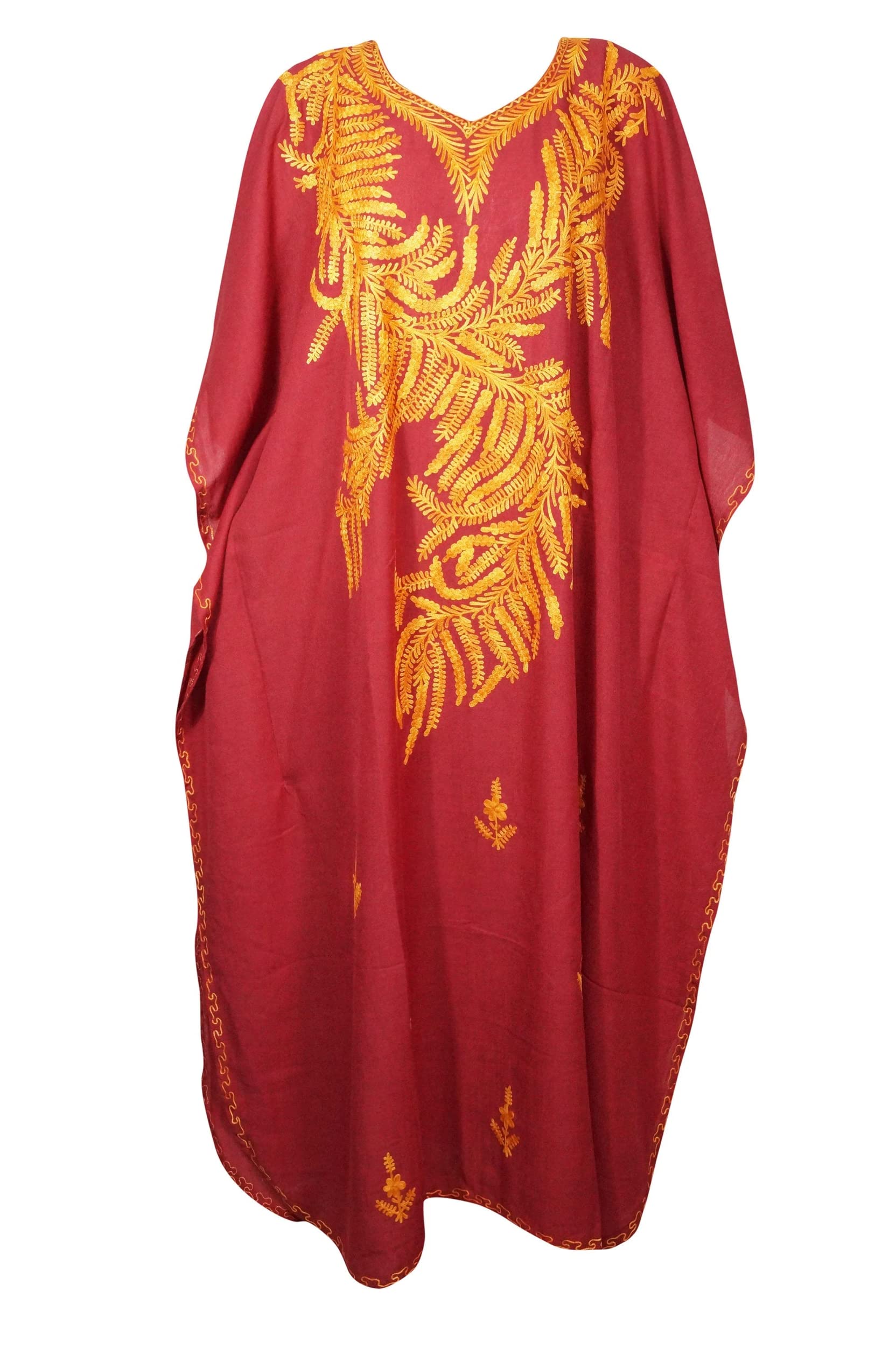 Maxi Caftan Dress for Women - Orange Red Floral Embroidered Boho Beach Cover Up (S-XXL) | Perfect for Summer Vacations, Pool Parties & Resort Wear