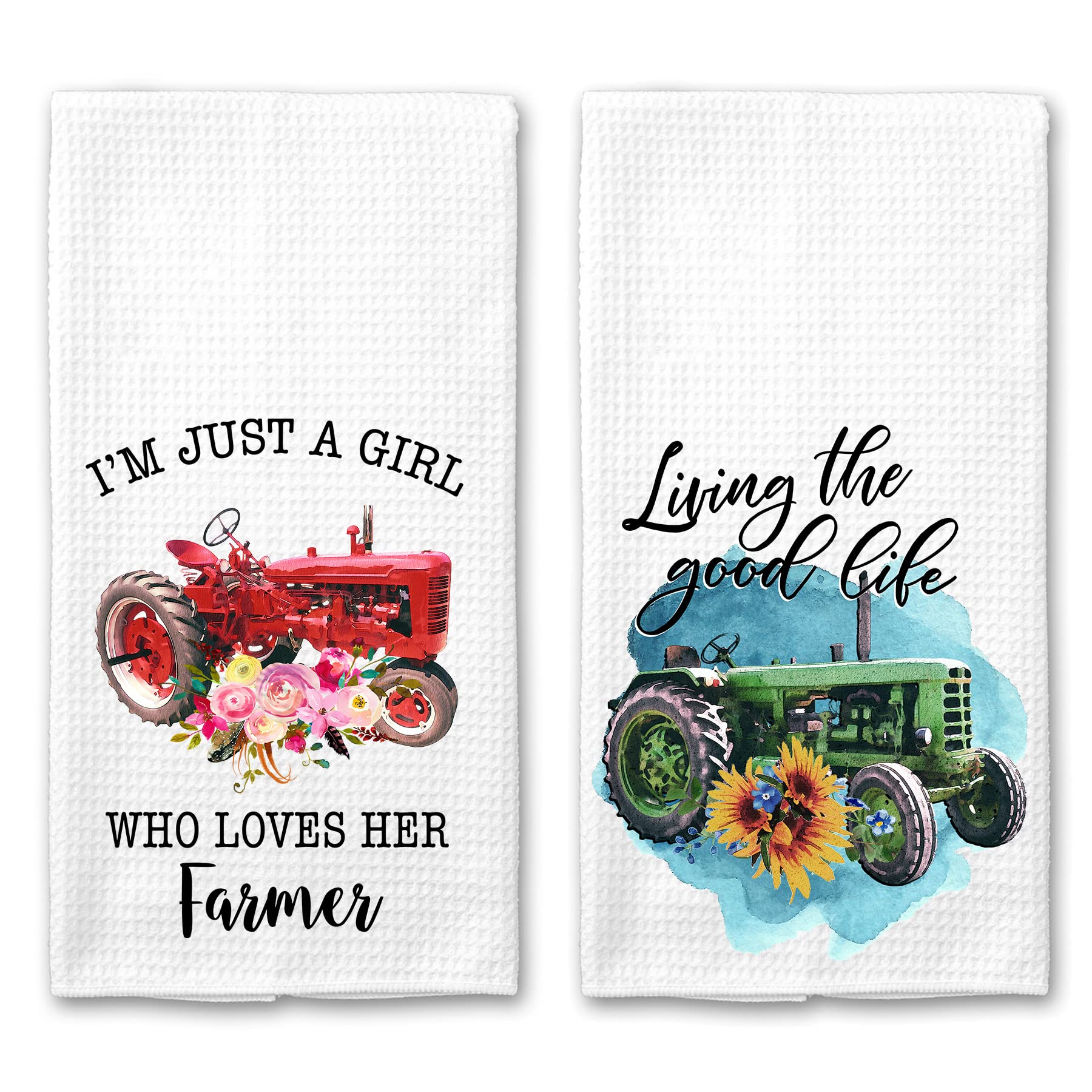 Funny Farm Tractor Floral Microfiber Waffle Kitchen Towels Set of 2 - Soft & Absorbent Dish Towels for Farmhouse Decor, Country Kitchen, and Rustic Home