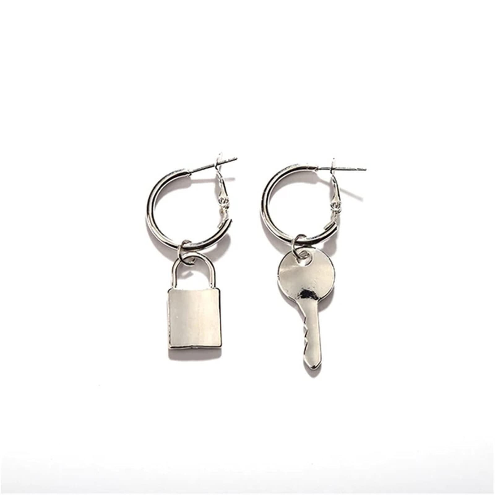 Unique Silver Plated Asymmetric Padlock & Key Dangle Hoop Earrings for Women - Geometric Punk Edgy Aesthetic Jewelry - Perfect for Parties, Concerts and Everyday Fashion Statement