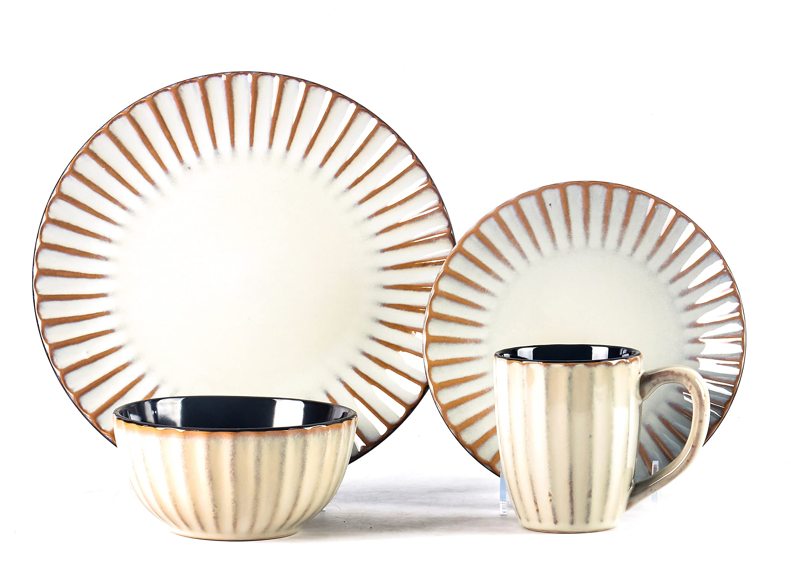 Osita Strip Stoneware 16-Piece Dinnerware Set - Reactive Glaze Golden Beige Ceramic Plates & Bowls - Elegant Tableware for Everyday Dining & Entertaining