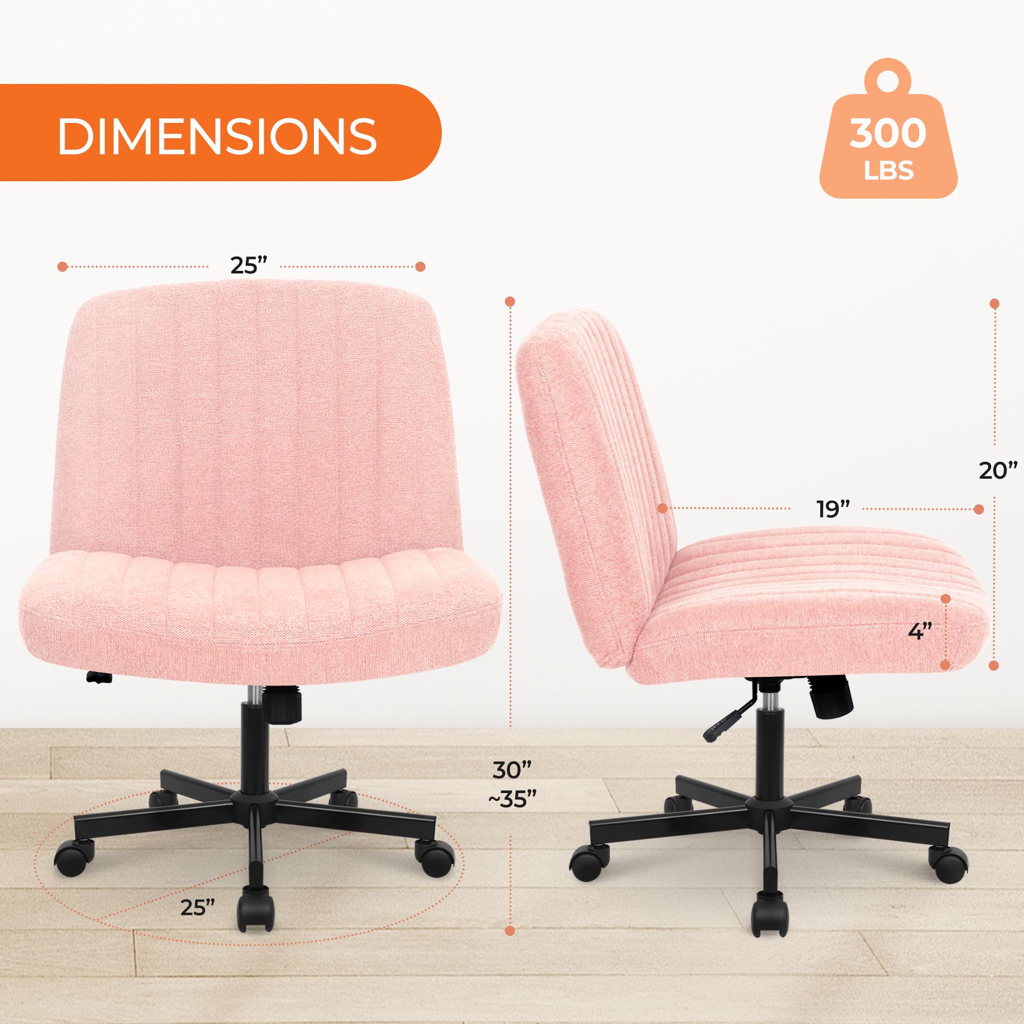 Orange Factory Criss Cross Chair with Wheels - Adjustable Rolling Armless Office Chair for Home & Desk, Comfy Cross-Legged Vanity Makeup Chair in Soft Fabric (Pink) - Perfect for Home Office, Gaming & Beauty Stations
