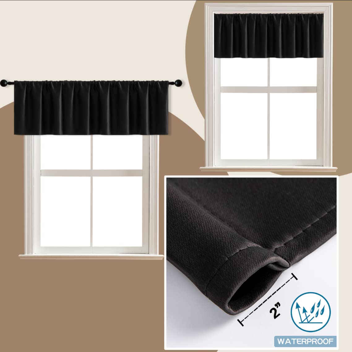 16 Inch Blackout Window Valances - 2 Pack Waterproof Ruffle Rod Pocket Valance Curtains for Basement, Living Room, Bedroom, RV & Bathroom - Modern Home Decor (Black, Valance Only) - Perfect for Privacy & Light Control in Small Spaces