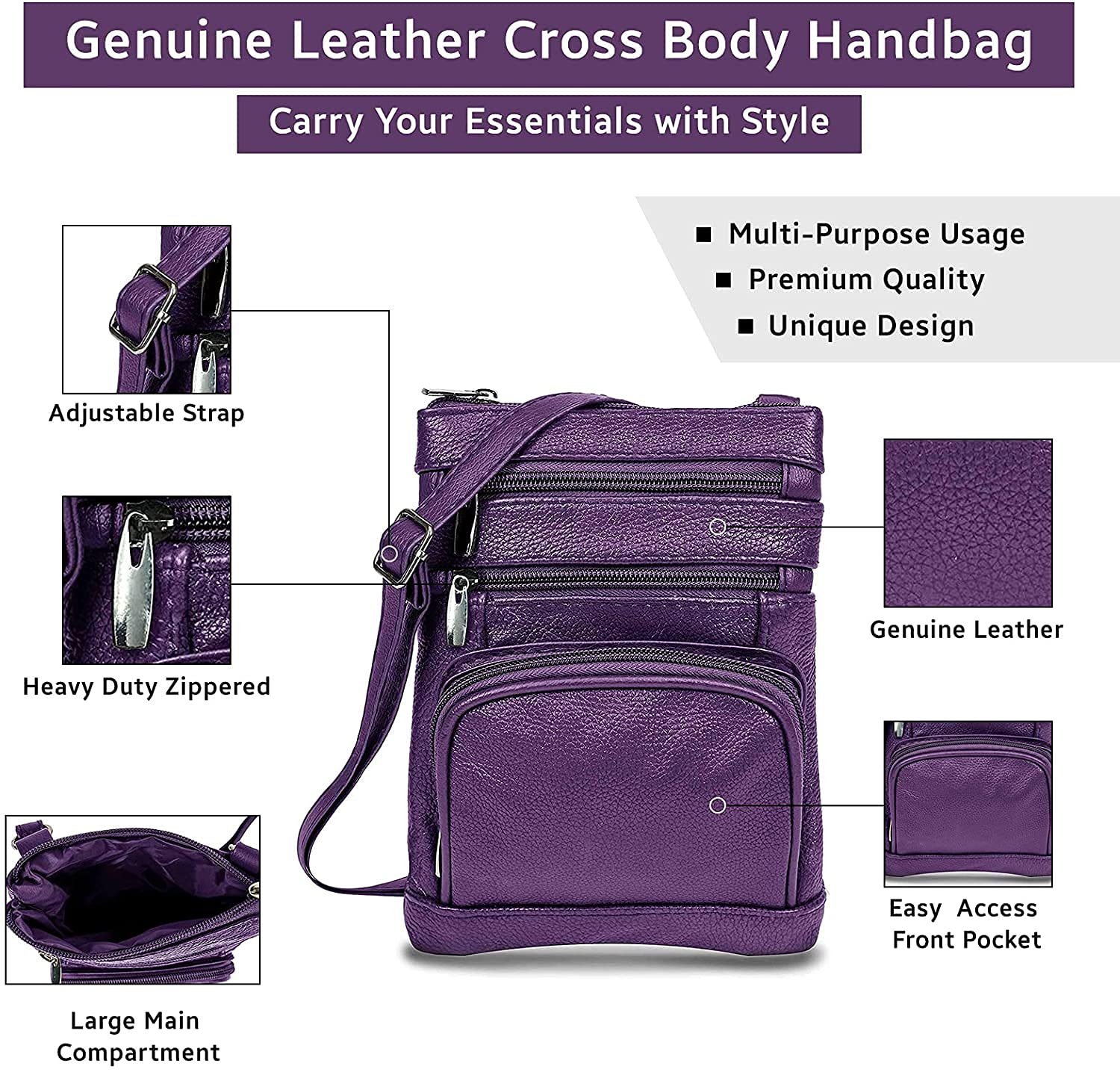Stylish Women's Leather Crossbody Purse with Multiple Pockets & Adjustable Strap - Soft Durable Handbag for Everyday Use, Travel & Shopping