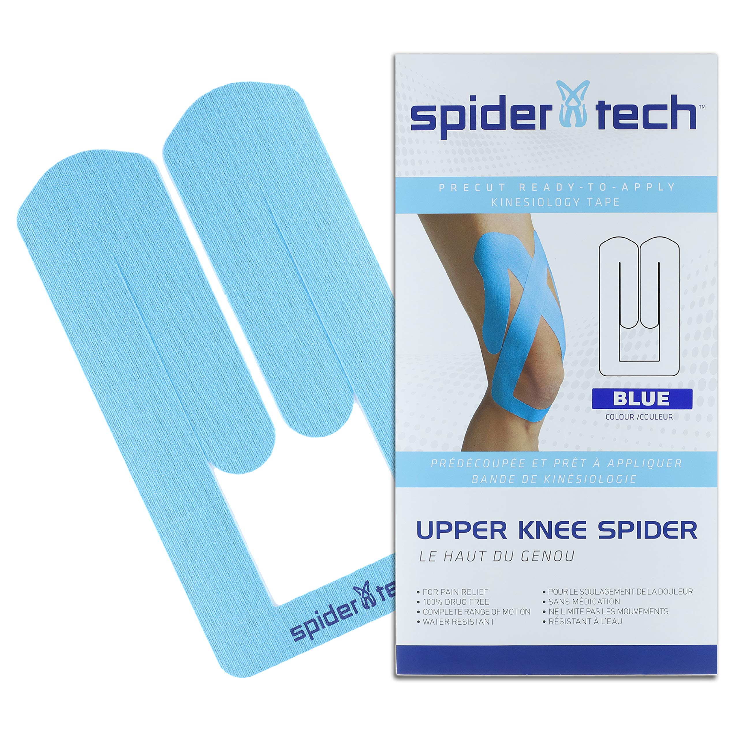 Spidertech Upper Knee Pre-Cut Kinesiology Tape - Latex-Free, Water-Resistant Athletic Support for Pain Relief & Muscle Recovery | Ideal for Running, CrossFit & Post-Workout Recovery (Blue)