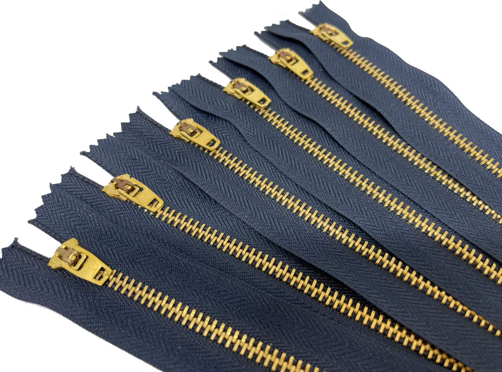 Heavy Duty 7 Inch Metal Zippers #5 Navy Tape with Golden Brass Teeth - 6 Pack Closed End Spring Lock Sliders for Jeans, Denim Pockets, Clothing & Sewing Crafts | Perfect for DIY Projects, Jacket Repairs & Bag Making (7