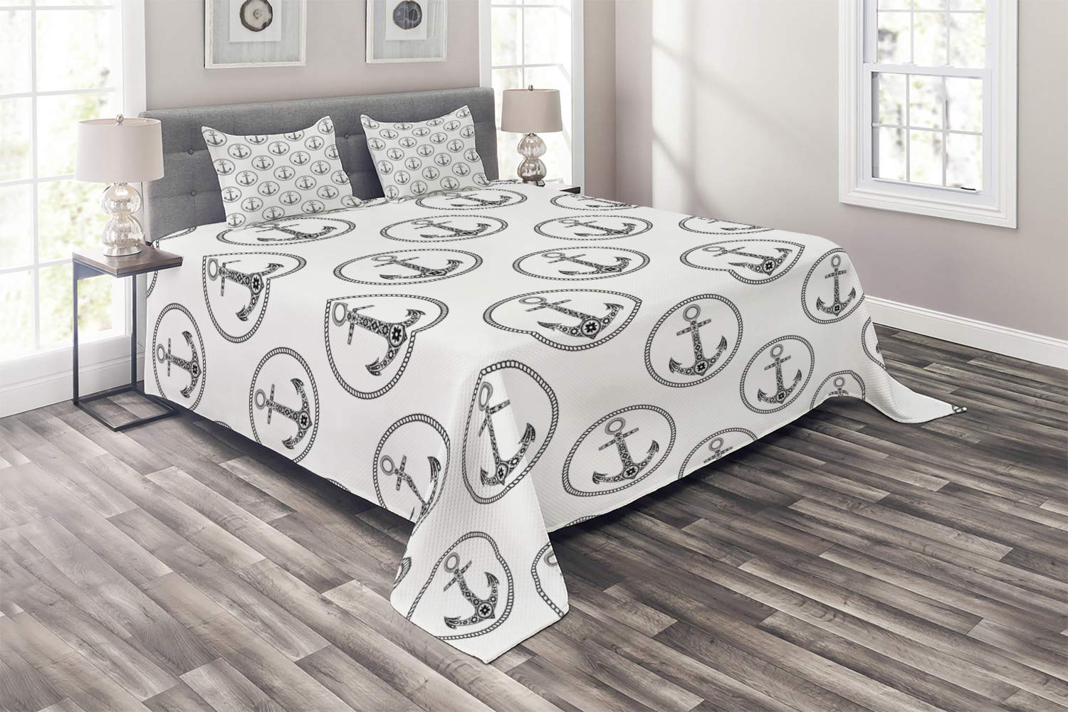 Ambesonne King Size 3-Piece Quilted Bedspread Set with 2 Pillow Shams - Navy Blue & White Floral Anchor Design, Marine Circle Pattern - Perfect for Coastal Bedroom Decor, Summer Home Styling, and Nautical Themed Guest Rooms
