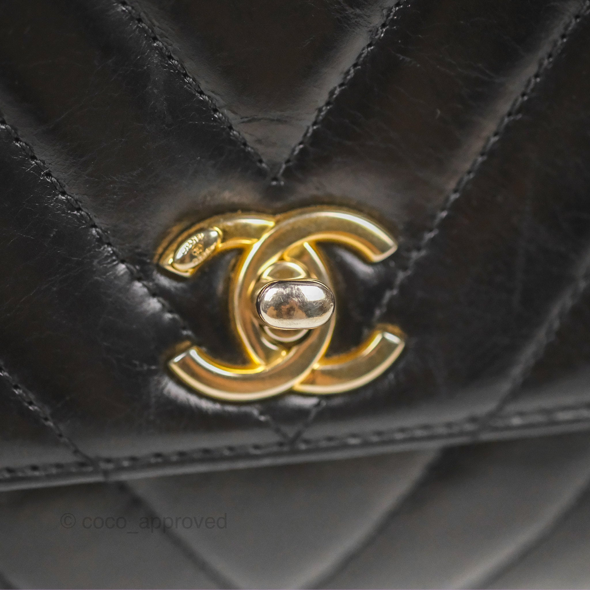 Chanel Chevron Small Coco Handle Bag - Black Shiny Aged Calfskin with Aged Gold Hardware | Luxury Crossbody Purse for Women, Perfect for Evening Parties & Date Nights