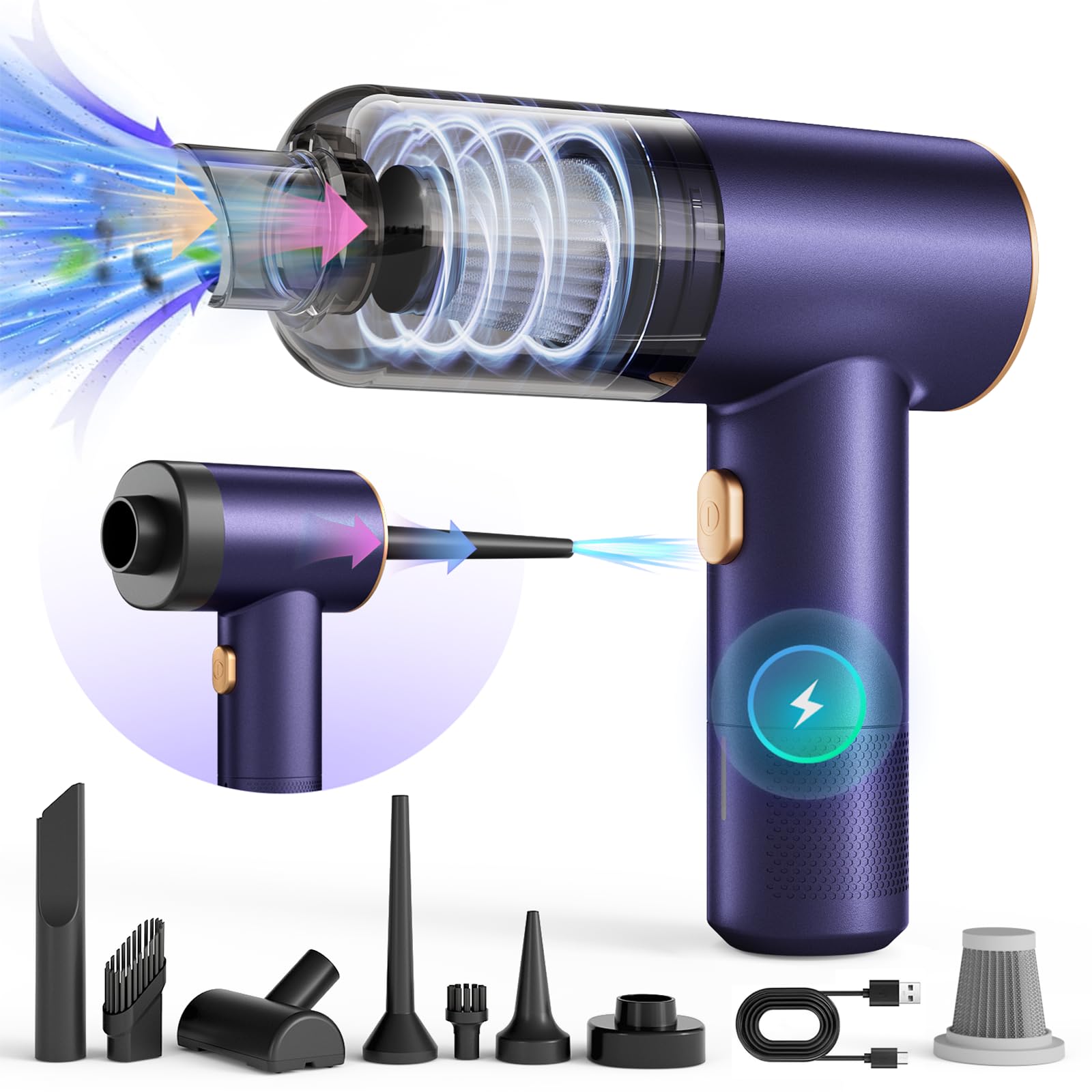 16000PA Cordless Handheld Vacuum Cleaner - 4-in-1 Portable Rechargeable Vacuum with Air Duster, Blower & Pump - Lightweight Mini Vac for Car, Home, Office & Pet Hair Cleaning - Perfect for Car Detailing, House Cleaning & Pet Grooming (Purple)