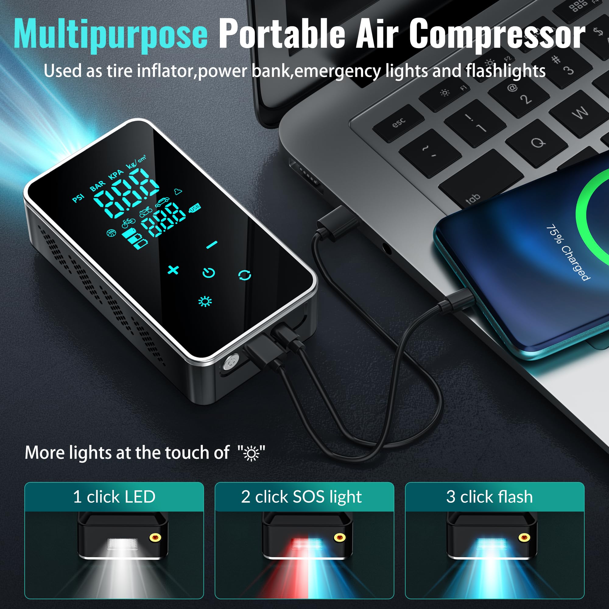 Portable Tire Inflator Air Compressor 150 PSI - Electric Car Tire Pump with Digital Touch Screen & Pressure Gauge - Super Battery Powered for Bikes, Motorcycles, Sports Balls - Perfect for Road Trips, Emergency Flat Tires & Outdoor Adventures (Black/Green)