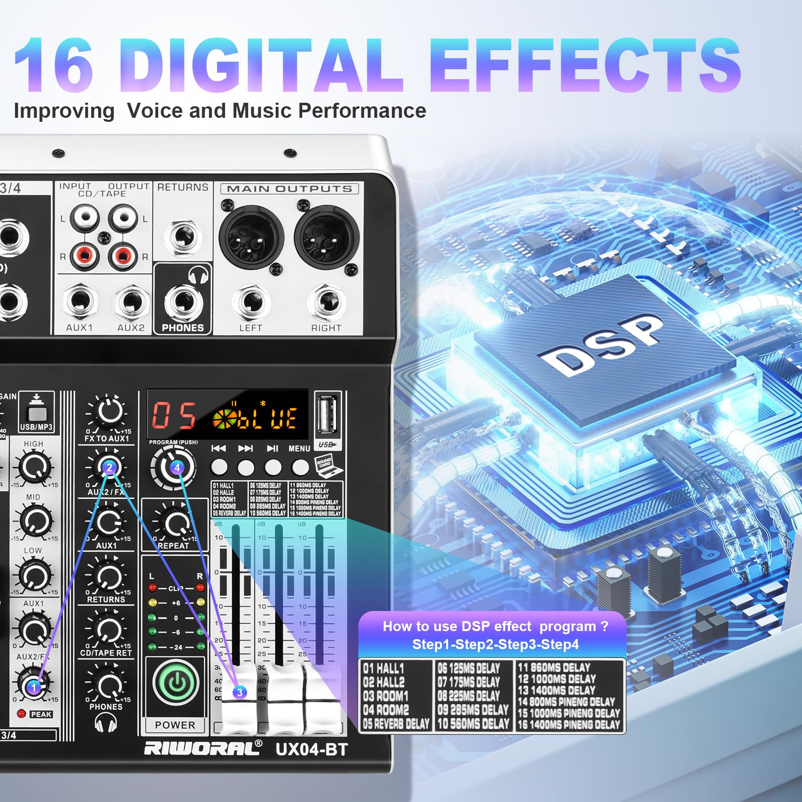 4 Channel USB Audio Mixer with 16-Bit DSP Effects, Bluetooth & +48V Phantom Power - Professional DJ Mixer Sound Board for Karaoke, Studio Recording, Live Streaming & Podcasting