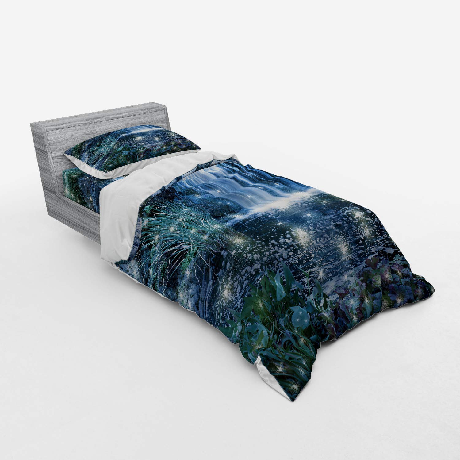 Ambesonne Magic 3-Piece Twin Size Duvet Cover Set - Grey Green Water Landscape Print with Pillow Sham & Fitted Sheet | Nature Inspired Bedding for Cozy Bedrooms, Guest Rooms & Dorm Decor