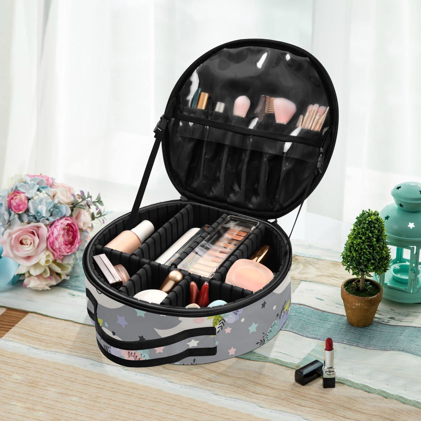 Linqin Travel Makeup Bag Organizer for Women - Portable Cosmetic Case with Adjustable Dividers, Moon Design Train Case for Toiletry, Jewelry & Brushes - Perfect for Travel, Home & Salon Use