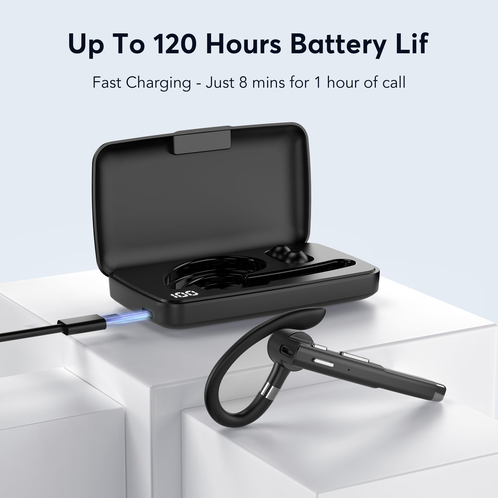 EUQQ Bluetooth Headset - Wireless Earbuds with Charging Case, 120H Playtime, Dual Connect Hands-Free Headphones with Built-in Mic for Truckers, Office Meetings & Conference Calls (Black) - Perfect for Work, Commuting & Online Classes