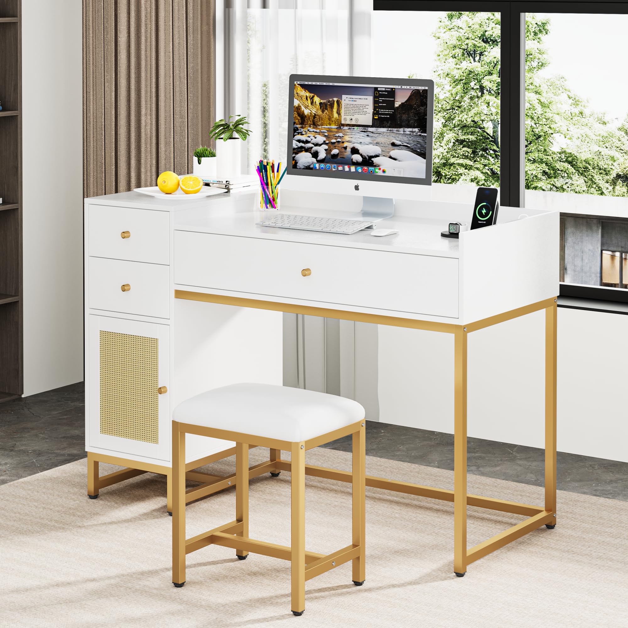 White Makeup Vanity Desk with Stools & Power Outlet - Rattan Dressing Table Set with Drawers & Storage Cabinet - Small Bedroom Vanity Table for Women - Perfect for Cosmetics Organization & Home Decor