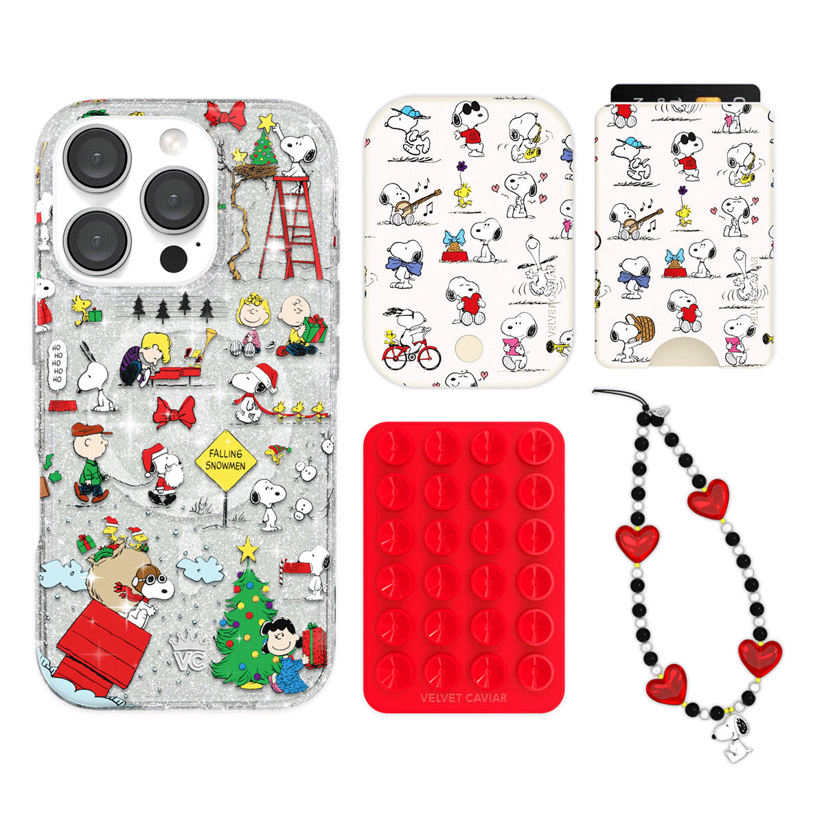 Snoopy Christmas Glitter iPhone Case with Wallet - Cute Cartoon Character Phone Cover & Card Holder Set - Perfect Holiday Gift for Fans, Family & Friends (Great for Travel, Shopping & Daily Use)