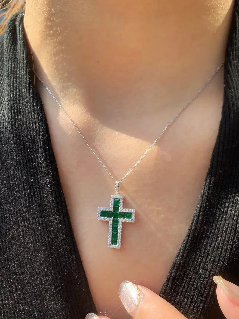 18K White Gold Diamond Cross Pendant Necklace for Women with Genuine Emerald Gemstone - Elegant Jewelry Gift for Christmas, Birthday & Special Occasions
