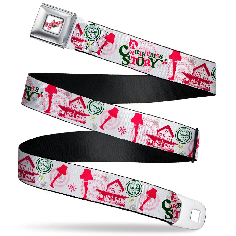 Warner Bros. Christmas Story Belt - Adjustable Seatbelt Buckle with Holiday Movie Icons in White, Red & Green - Perfect for Christmas Parties & Themed Events