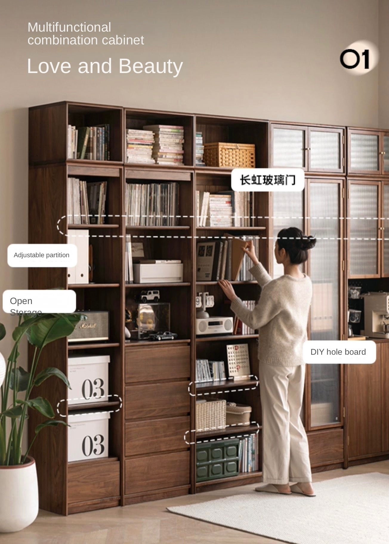 Solid Black Walnut Wood Bookcase with Glass Doors - Stylish Display & Storage Cabinet for Living Room, Office, or Library
