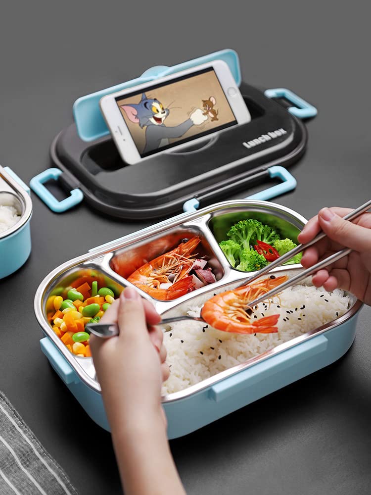 Insulated Compartment Lunch Box with Built-in Silverware Holder & Phone Pocket - Reusable Bento Box for Adults & Kids - Perfect for Office, School, Picnics & Travel