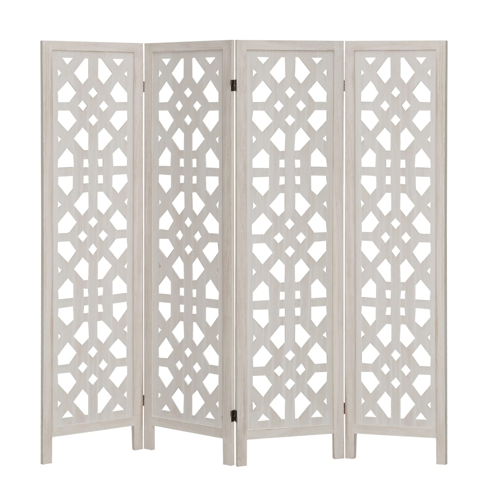 Vintage 5.6Ft Wooden Room Divider with Cutout Design - 4 Panel Folding Privacy Screen for Bedroom, Office, Restaurant & Study | Portable Freestanding Partition for Home Decor & Space Division (White)
