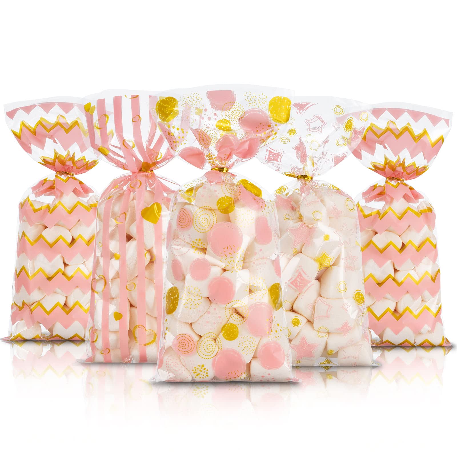 120 Pack Valentine's Day Cellophane Bags with Twist Ties - Pink & Gold Wedding Favor Bags, Candy Treat Bags with Dots, Stripes, Stars & Hearts Design - Perfect for Baby Showers, Birthday Parties & Valentine's Day Celebrations