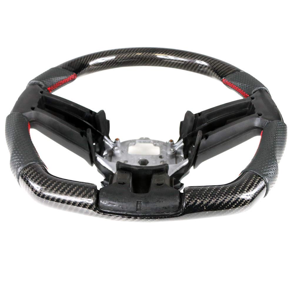 FREEMOTOR802 Carbon Fiber Racing Steering Wheel for 2010-2014 Ford Mustang - Perforated Leather with Red Stitching - Direct Replacement for Enhanced Grip & Sporty Driving Experience (Track Racing, Daily Commute, Car Enthusiast Upgrade)