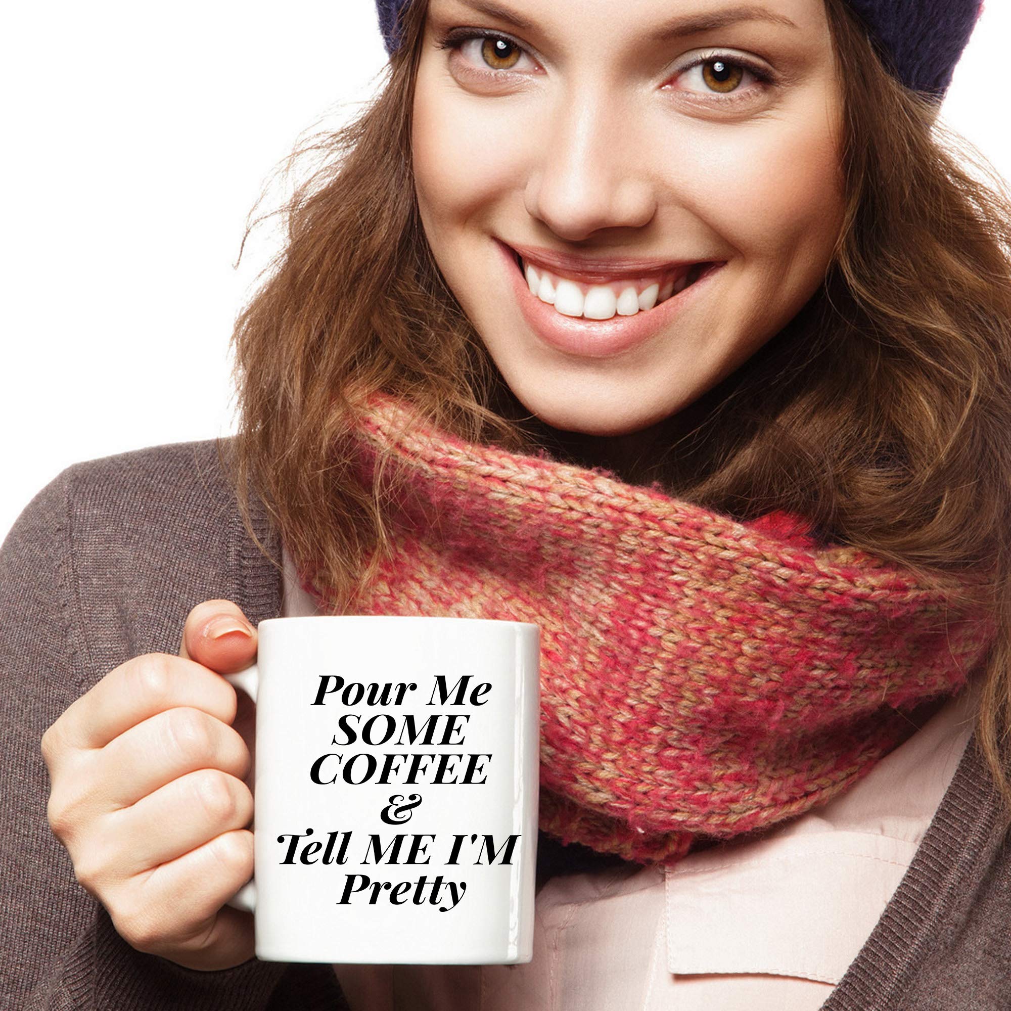 Funny Coffee Mug 11 oz - 'Pour Me Coffee & Tell Me I'm Pretty' Ceramic Cup - Unique Gift for Women & Men - White Coffee Cup for Office, Home & Gifts