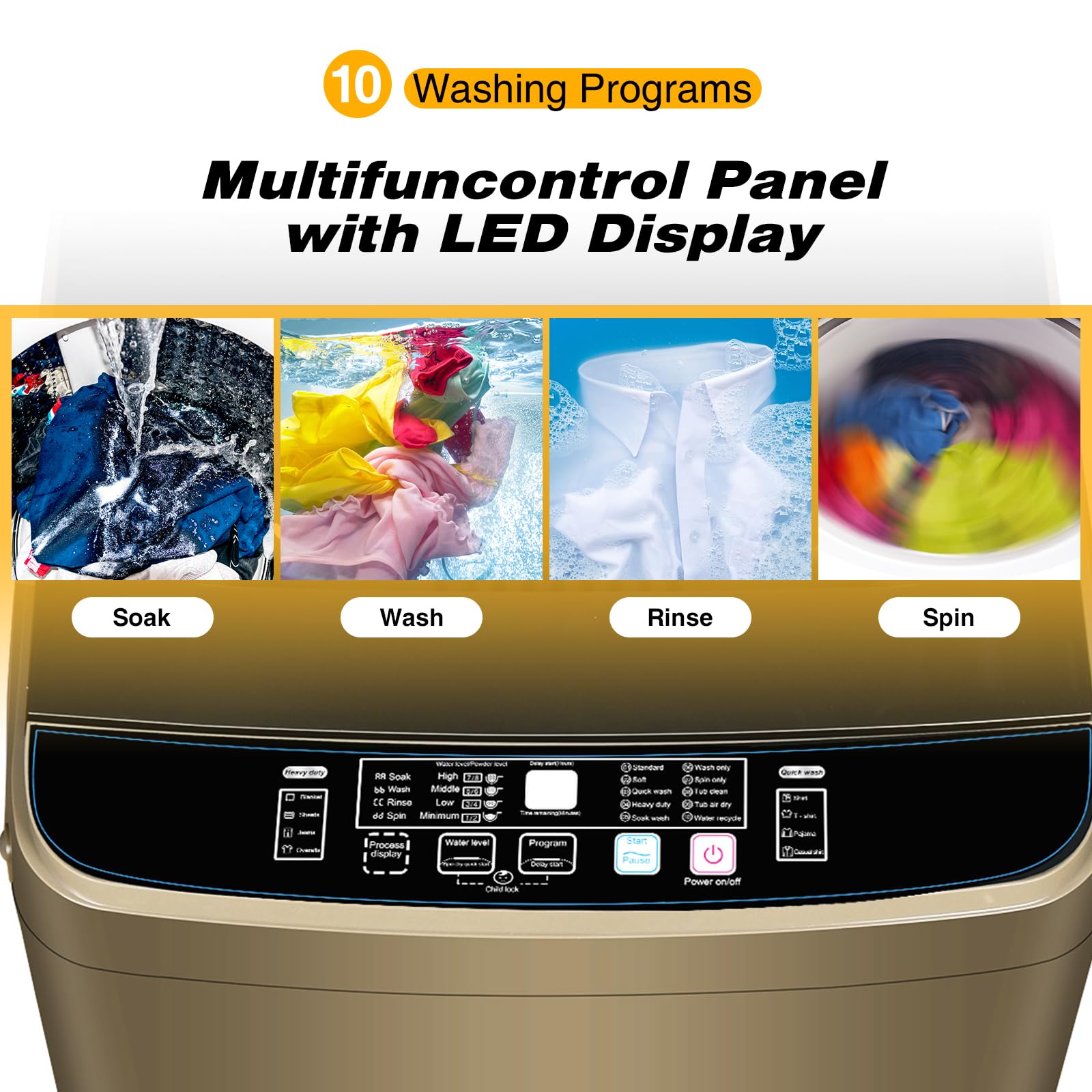Portable Washing Machine 17lbs - Full Automatic Compact Washer & Spin Combo with Drain Pump, 10 Wash Programs - Low Noise Laundry for Dorm, Apartment, RV, Camping - Perfect for Small Spaces & Travel (Gold)