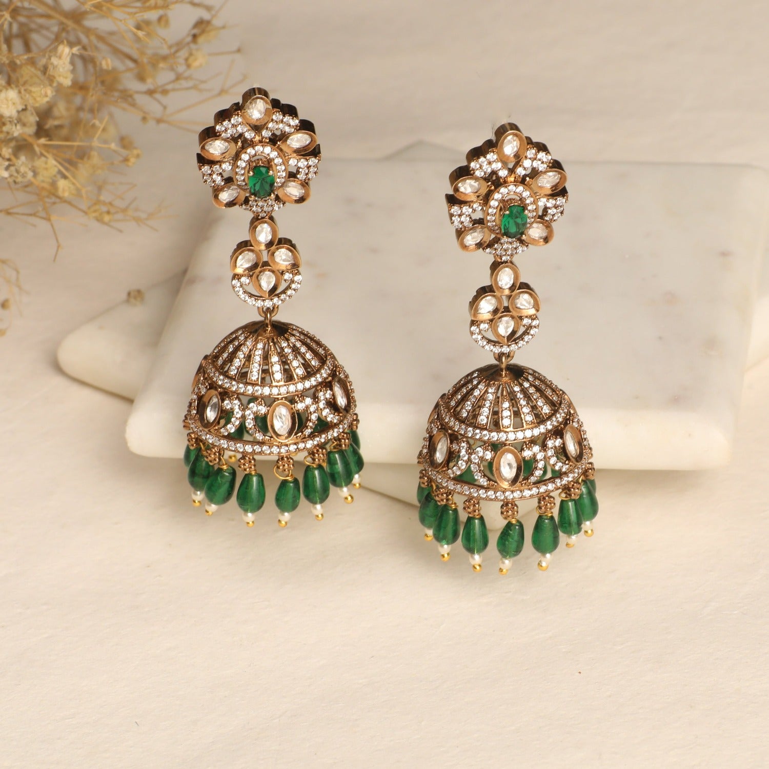 CZ Stone Jhumka Earrings for Women - Elegant Indian Traditional Jewelry for Parties, Weddings & Festive Occasions