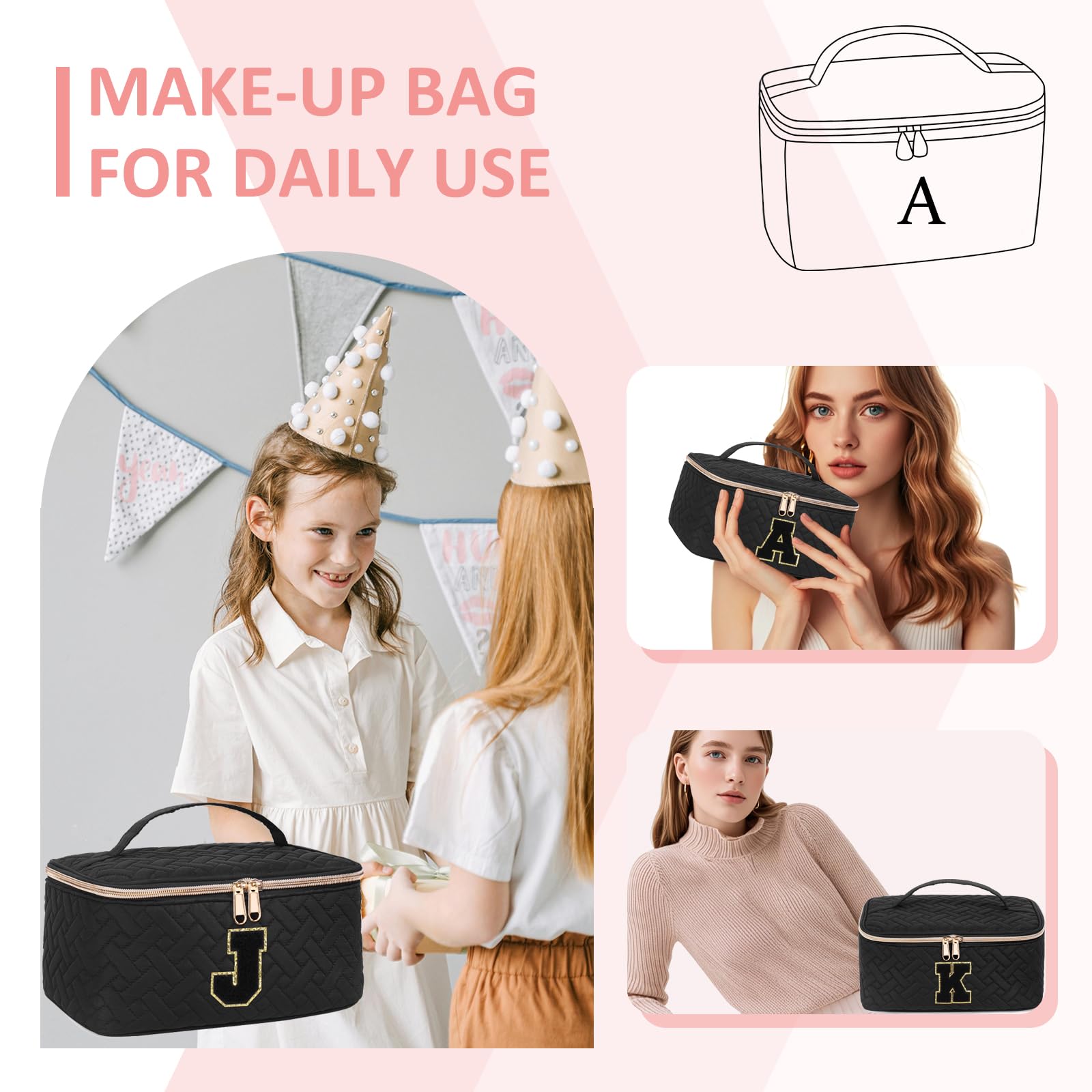 Personalized Chenille Letter Makeup Organizer Bag for Girls & Women - Custom Initial Cosmetic Pouch with Zipper | Trendy Preppy Quilted Portable Makeup Case | Perfect Birthday Gift for Teens & Friends (Large) | Great for Travel, School & Daily Beauty Essentials Storage